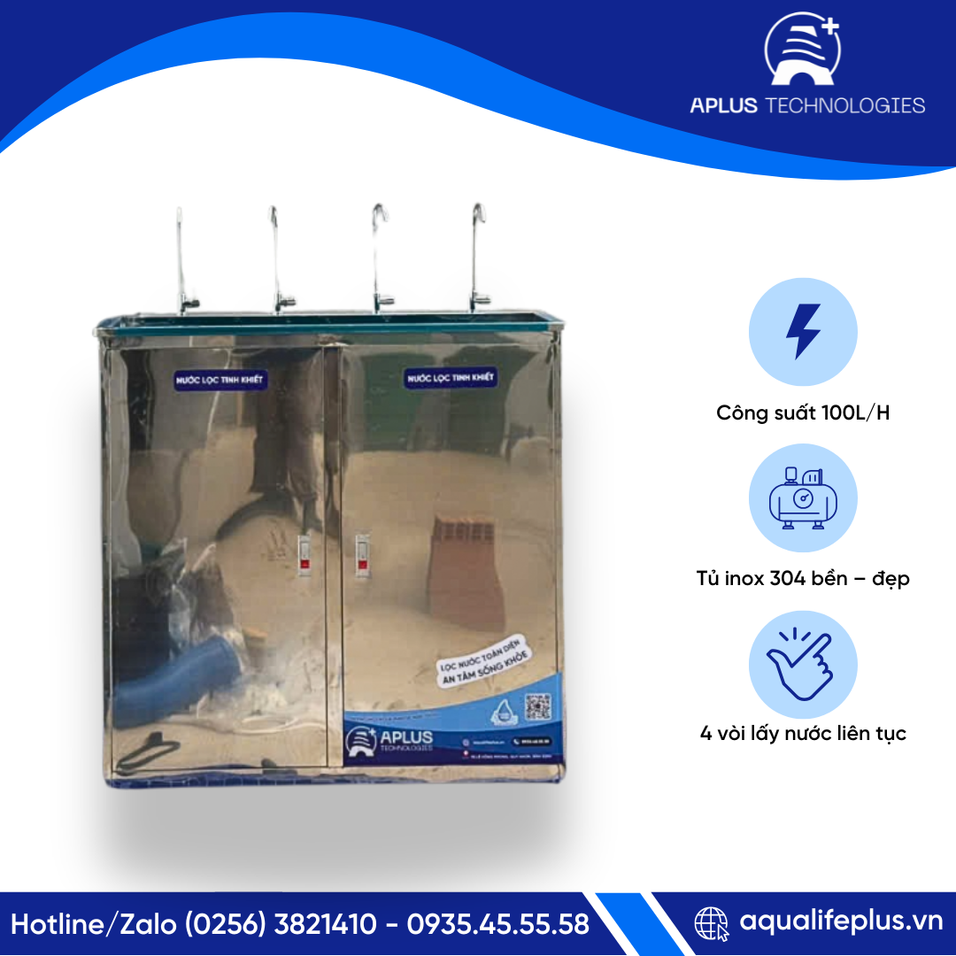 Máy lọc nước bán công nghiệp 4 vòi công suất 100 l/h tủ inox- Giải pháp nước lọc cho công ty, nhà hàng, nhà xưởng