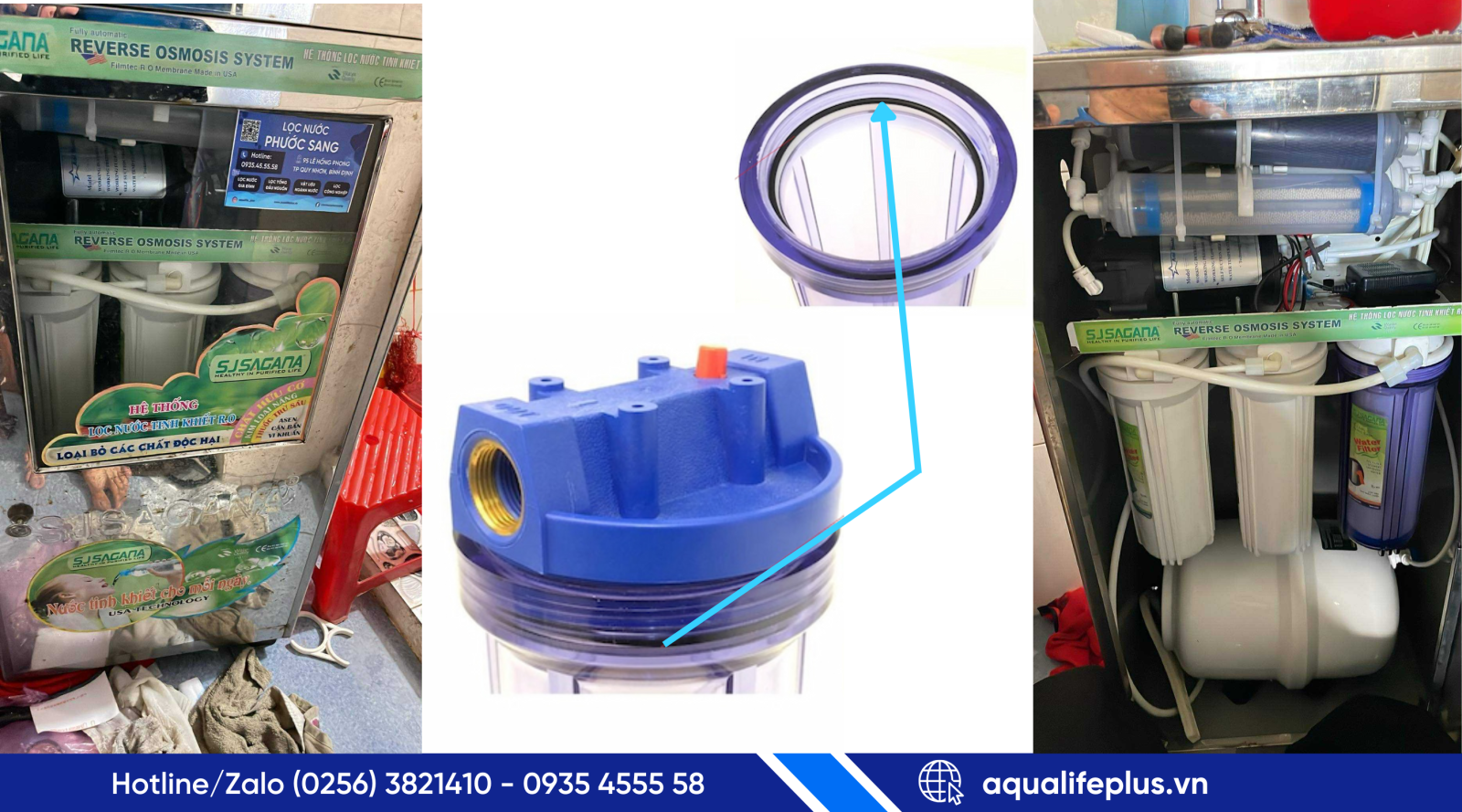 Máy lọc nước Sagana bị hở roong cốc lọc gây rỉ nước