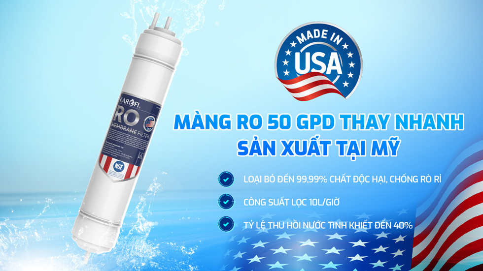 Máy lọc nước Karofi KAD-M68 sử dụng màng RO 50 GPD nhập khẩu từ Mỹ