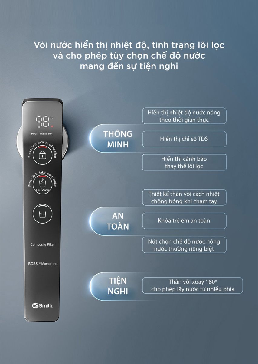 Vòi nước thông minh đa chức năng của A. O. Smith ROSS™ LUX-AOU800HOT